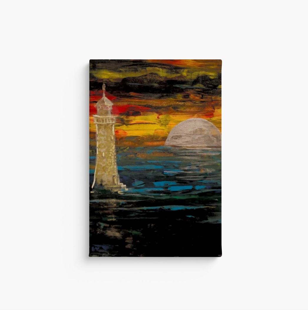 Golden Lighthouse Silver Moon Canvas Print